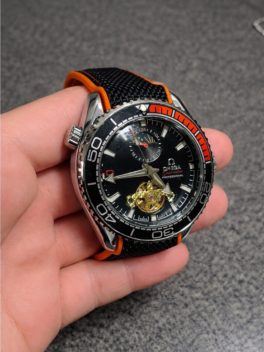 Men's Omega Black and Orange Sport Mechanical Seamaster Watch